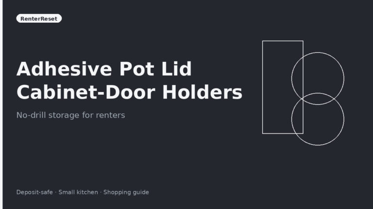 Adhesive pot lid holder mounted on a rental kitchen cabinet door