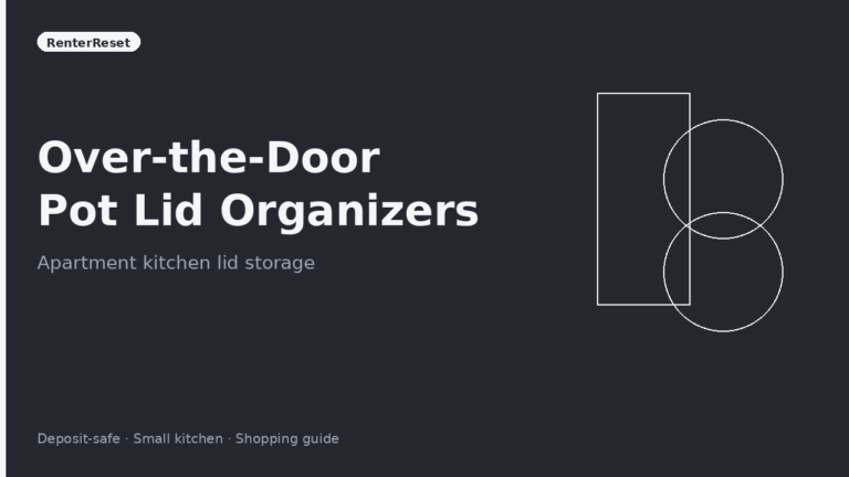 Over-the-door pot lid organizer hanging on an apartment kitchen cabinet door