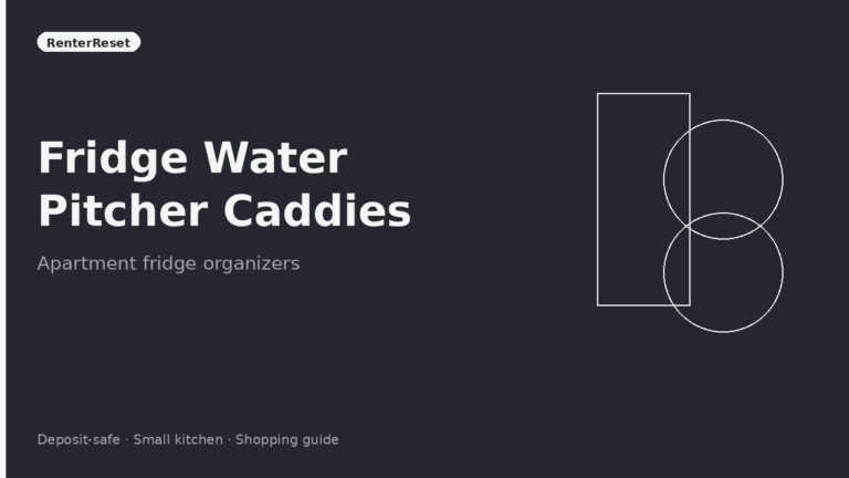 Slim water pitcher sitting in a clear caddy on an apartment fridge shelf