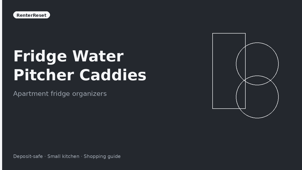 Slim water pitcher sitting in a clear caddy on an apartment fridge shelf