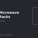 Over-microwave shelf rack holding plates above a countertop microwave in a small kitchen