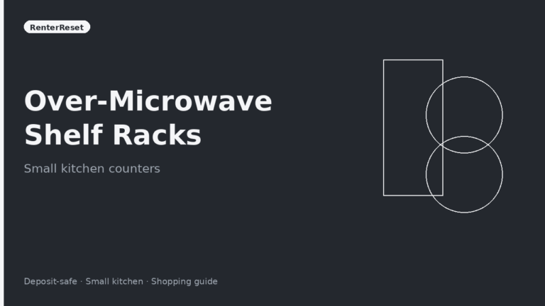 Over-microwave shelf rack holding plates above a countertop microwave in a small kitchen
