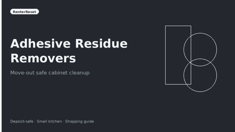 Adhesive residue remover bottle and cloth cleaning a rental kitchen cabinet door
