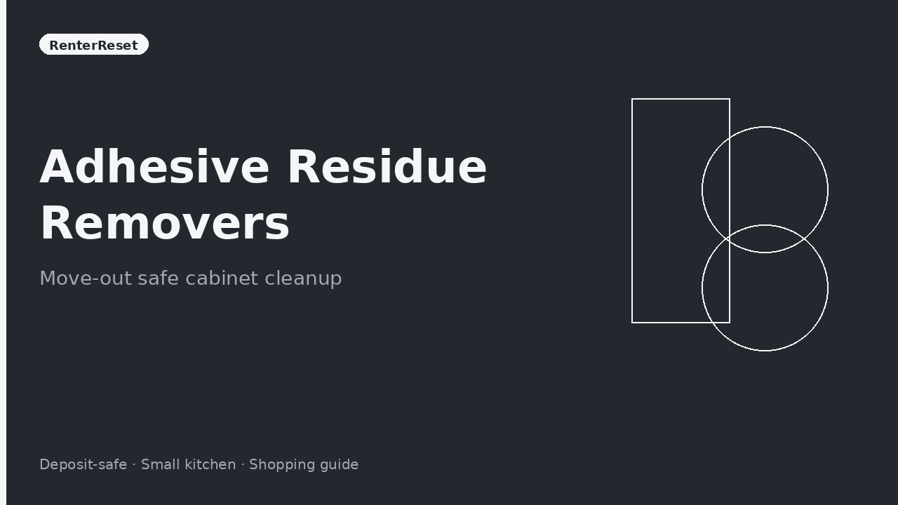 Adhesive residue remover bottle and cloth cleaning a rental kitchen cabinet door