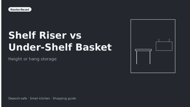 Wire shelf riser beside an under-shelf basket hanging in a pantry cabinet