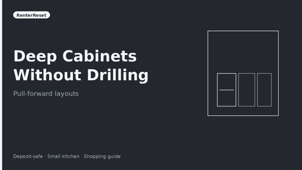 Handled clear bins and a turntable pulled forward from a deep rental base cabinet