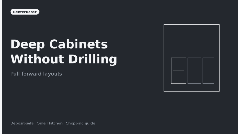 Handled clear bins and a turntable pulled forward from a deep rental base cabinet