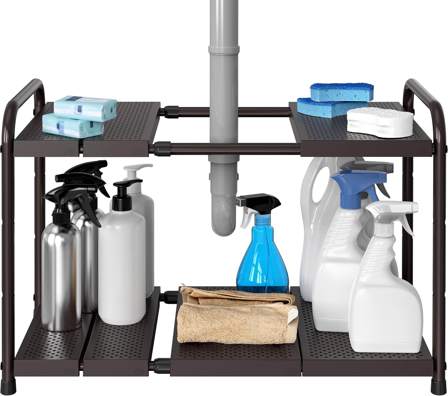 2-tier expandable under-sink shelf for rental kitchens