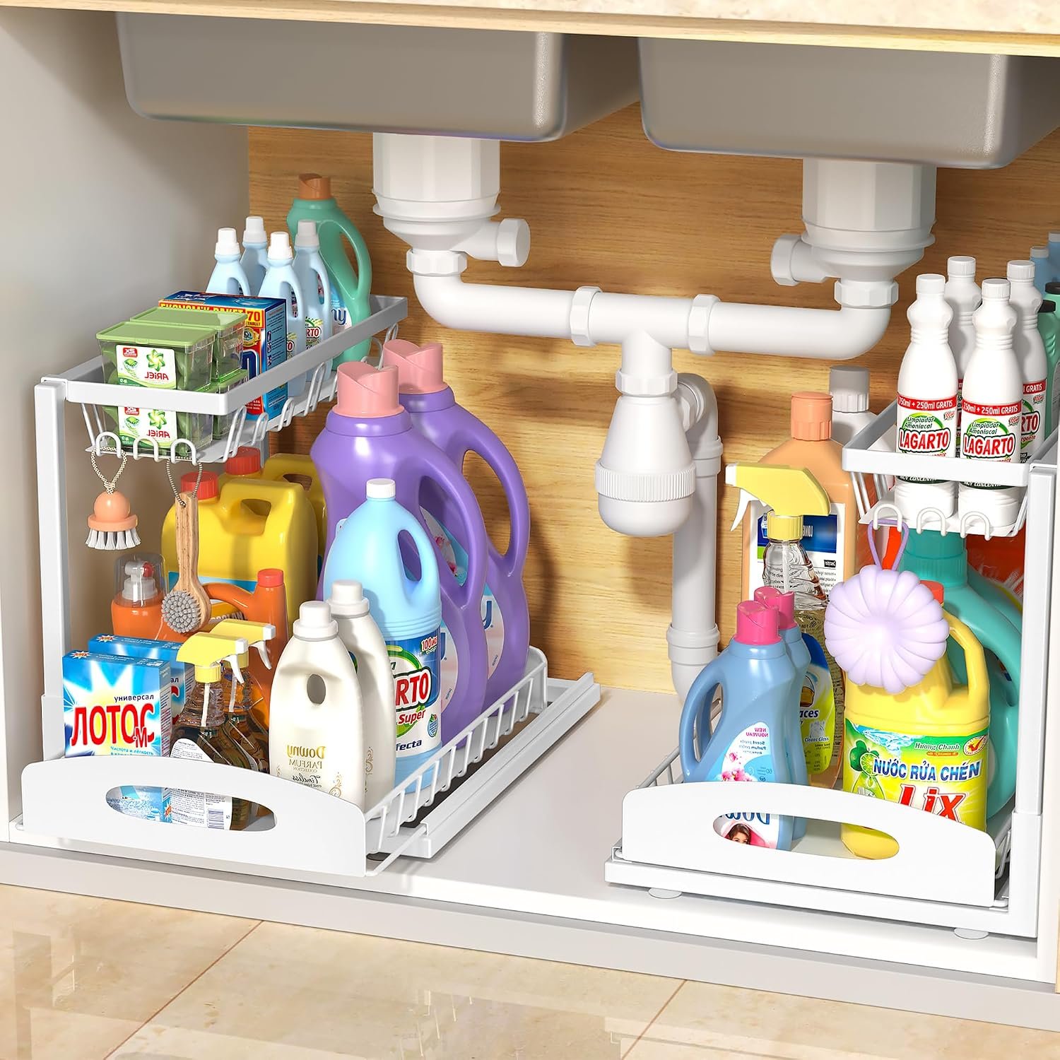 L-shaped under-sink pull-out drawers for rental kitchens